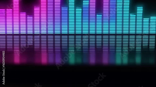 The abstract colorful background displays a digital equalizer wave pattern illustrating music frequency levels for a sound analyzer display