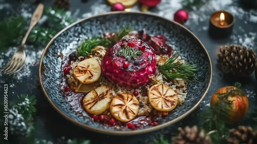 A festive plate of food with grilled citrus, berries, and greens, ready for Christmas.