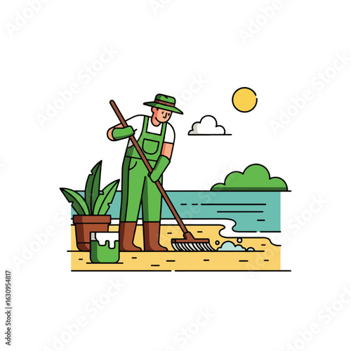 A gardener in overalls sweeps a beach with a broom, near plants and the sea.