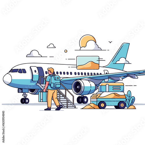 A person boards a passenger plane, with luggage and a ground service vehicle.