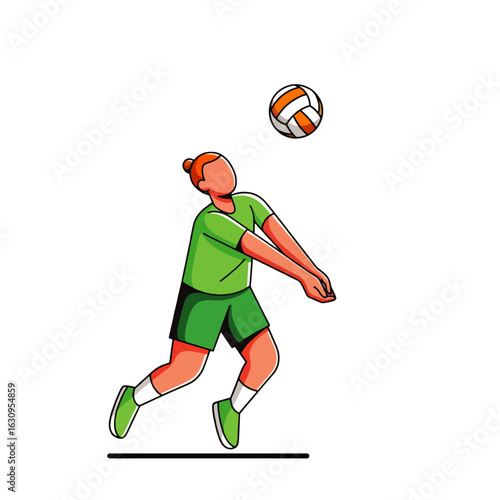 A female volleyball player prepares to bump a volleyball with her forearms.