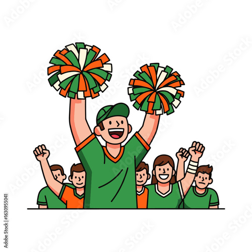 Cheerful group of fans celebrating with pom-poms and raised fists, showing excitement.