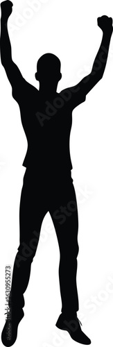 Silhouette of a Man Celebrating with Raised Arms, Victory and Joy Pose on White Background