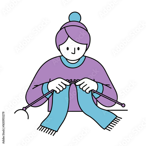 Woman in a purple sweater knitting a light blue scarf.