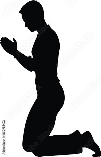 Silhouette of a Man Kneeling in Prayer with Hands Together, Spiritual Faith Vector Illustration