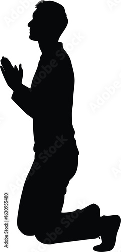 Silhouette of a Man Kneeling and Praying, Religious Worship Vector Illustration