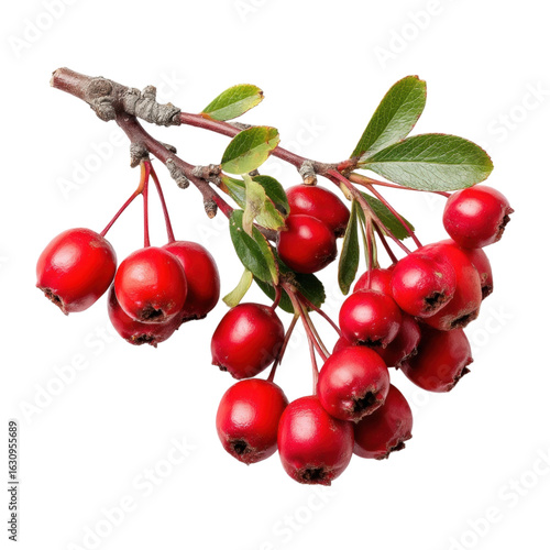 Fresh Red Berries with Green Leaves on a Branch Isolated on White