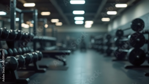 Wallpaper Mural Blurred image of a gym area with dumbbell racks, bench press station, metallic tones, suitable for use as a bodybuilding advertisement background. Torontodigital.ca
