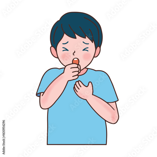 Young man coughing into his hand with a pained expression. Illustration depicting symptoms of a cold, flu, or respiratory illness.