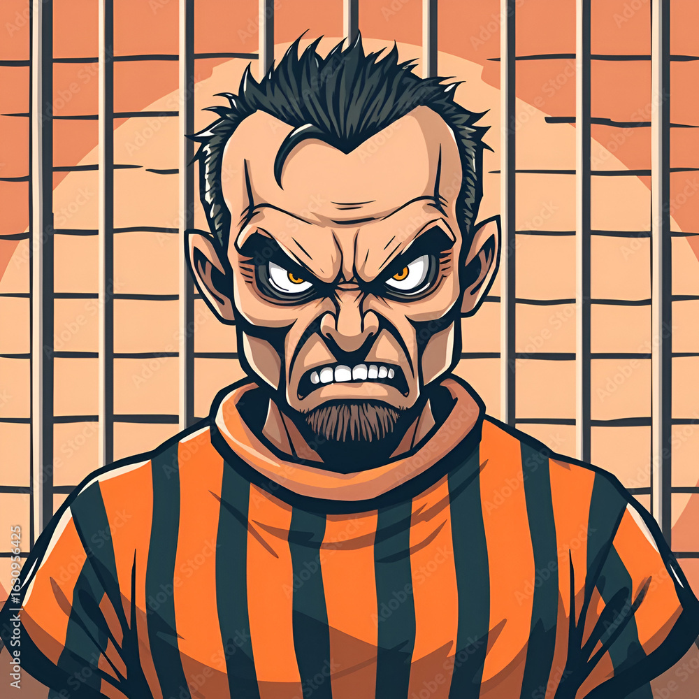 Naklejka premium convicted felon angry faced in striped and orange prison cloth vector illustration