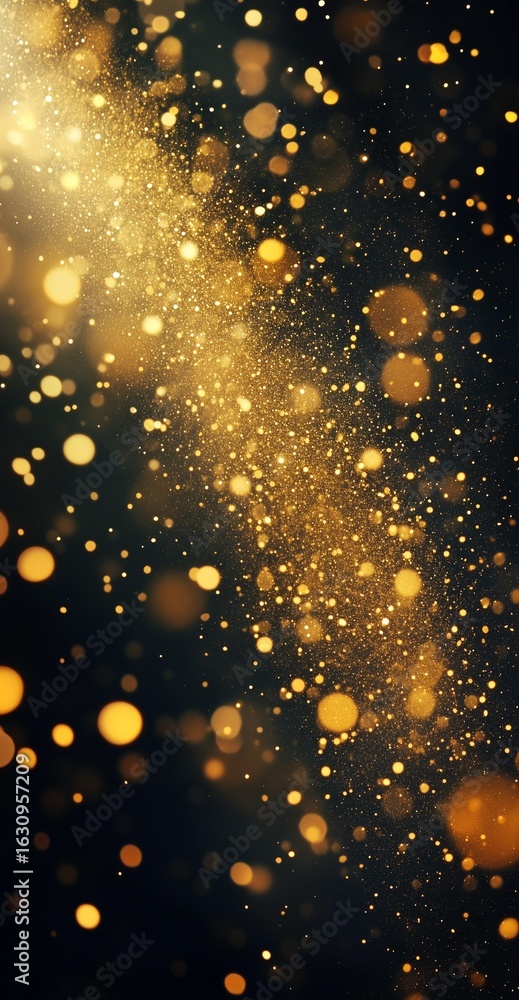 Obraz premium The light of gold dust, bokeh light effect background. Christmas glowing dust background, Yellow flickering glow with confetti bokeh light and particle motion. The dust sparks and golden stars shine.