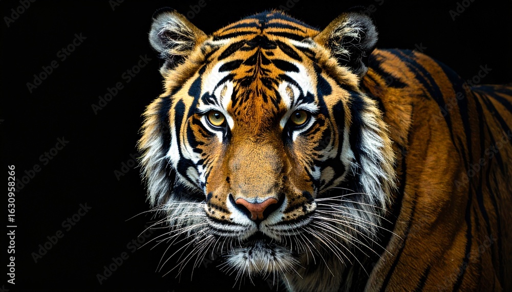 Naklejka premium Majestic tiger portrait against a stark black background, showcasing its intense gaze and striking orange and black stripes.