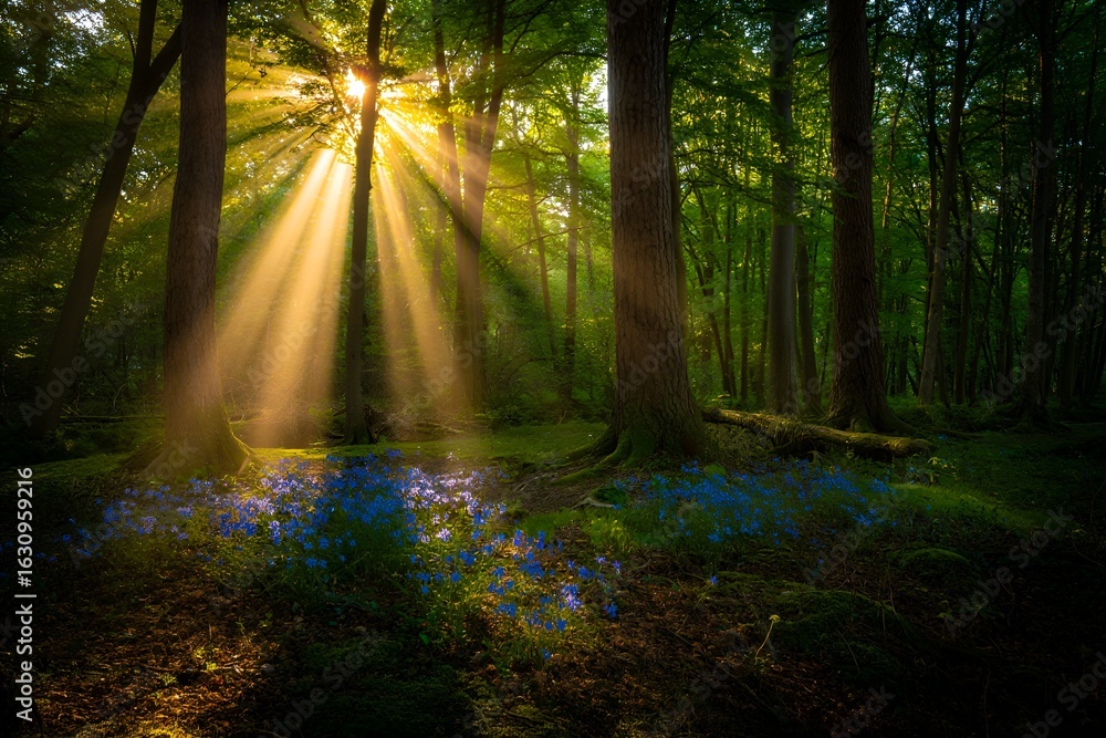 Obraz premium Sunlight streams through trees in a serene forest, illuminating bluebells on the woodland floor.