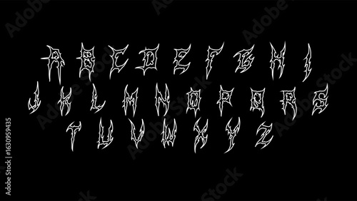 gothic font typeface, grunge tribal outline alphabet, dark lettering metal typography vector set