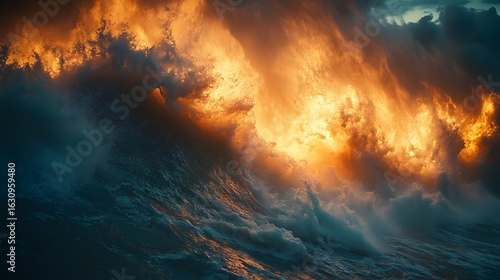 Powerful ocean wave crests in fiery light, creating a dramatic Disaster Background. Dynamic scene of nature's raw energy, perfect for impactful visuals and compelling stories.