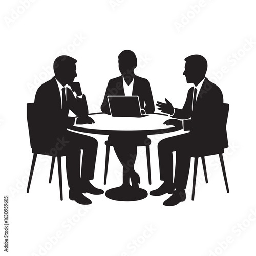 Three businessmen in silhouette having a meeting around a table silhouette