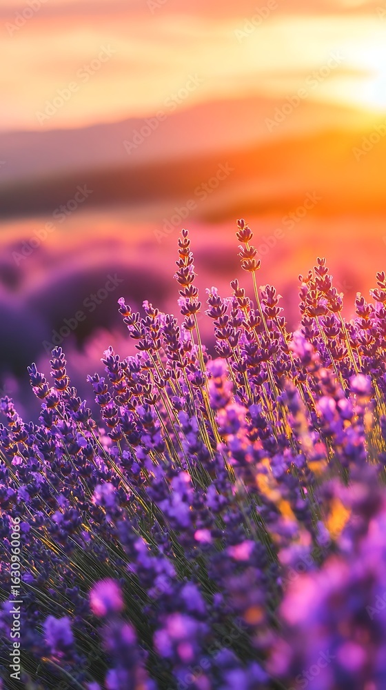 Naklejka premium Golden sunset paints a tranquil lavender field with vibrant purple blooms