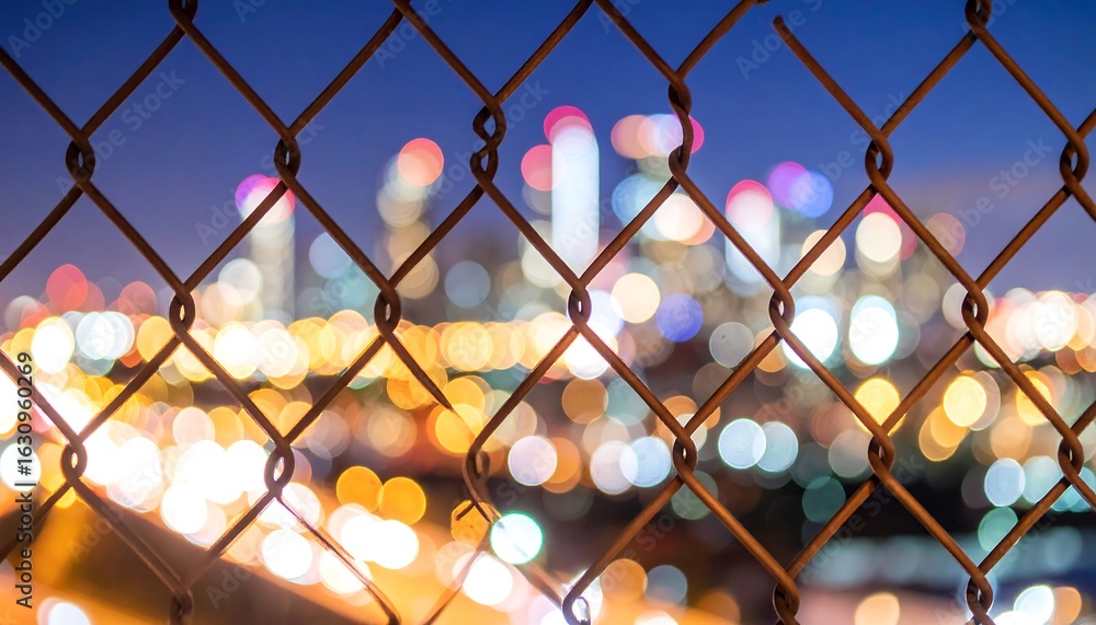 Fototapeta premium City lights through a chain-link fence at night