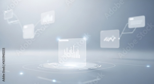 Abstract representation of data analysis with floating chart displays on a bright, futuristic platform.