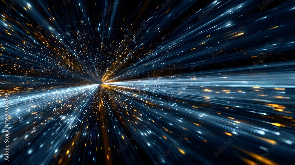 Fototapeta premium Flying through a high-speed stream of data particles, a concept for internet, speed, and technology 