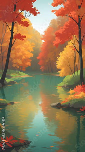 Vibrant Autumn Forest River Landscape.
