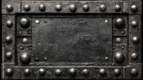 Ornate, dark metal box, studded with rivets