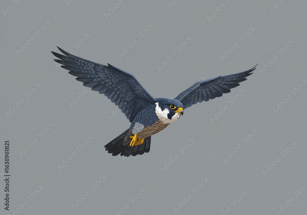 Naklejka premium A fierce peregrine falcon soars through the air in a vector illustration set against a grey background. 
