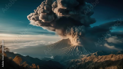 Powerful volcanic eruption releasing massive ash cloud over rugged mountain landscape
