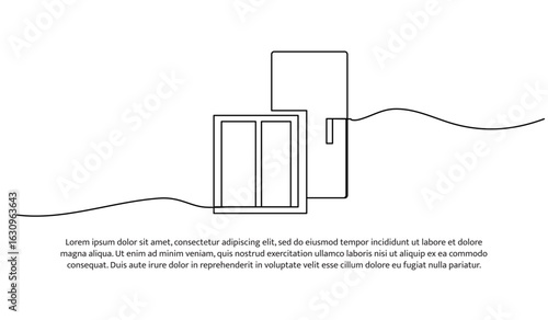 Continuous line design of window and door. Single line decorative element drawn on white.
