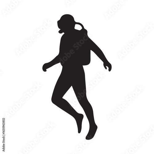 A black and white silhouette illustration depicting two scuba divers in a minimalist underwater scene. 