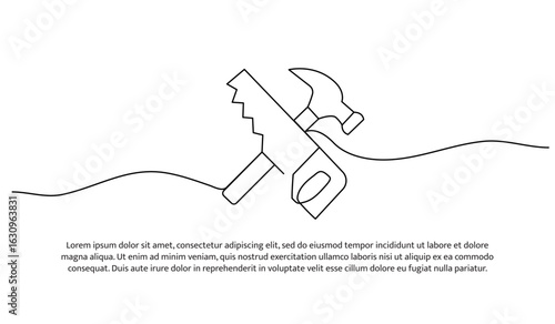 Continuous line design of hammer and saw. Single line decorative element drawn on white.