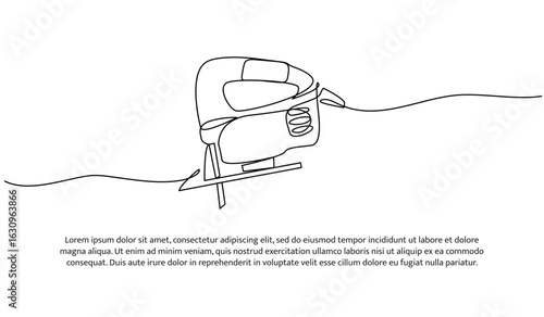 Continuous line design of plywood saw. Single line decorative element drawn on white.