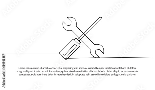 Continuous line design of screwdriver and wrench. Single line decorative element drawn on white.