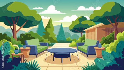 A garden patio with seating area and lush greenery providing patients with a serene outdoor space to relax and reflect on their health journey.