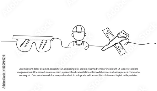 Continuous line design of worker protective glasses for sawing wooden board. Single line decorative element drawn on white.