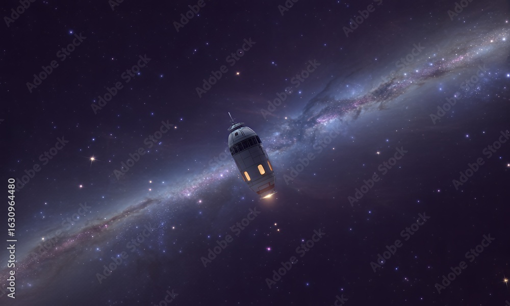 Naklejka premium Spacecraft traveling through the cosmos amidst a vibrant nebula and distant stars