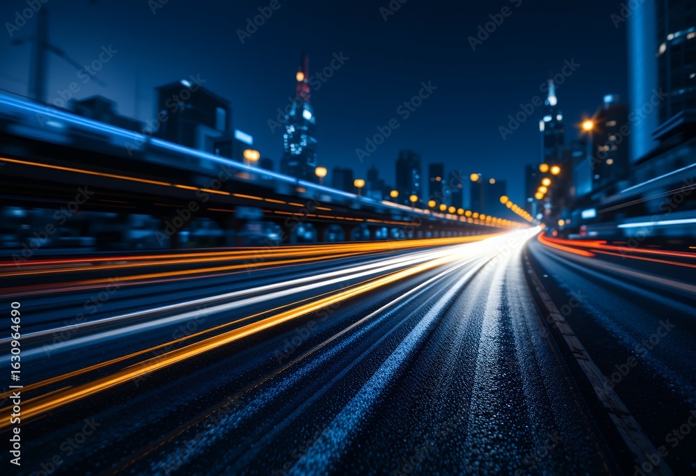 Fototapeta premium Dynamic long exposure urban highway lights creating vibrant streaks under city skyscrapers at night