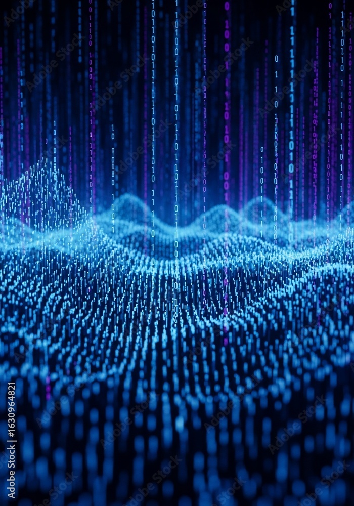 Fototapeta premium Abstract digital landscape with flowing blue code, creating a futuristic and technological atmosphere.