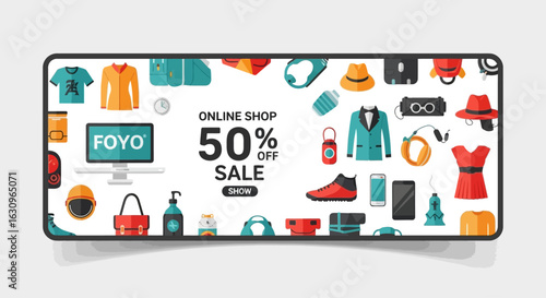 Amazing online shop 50% off sale event with diverse products advertised on a digital screen