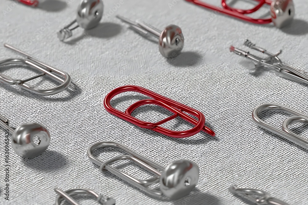 Fototapeta premium Stand out with a vibrant red paperclip among silver office supplies, symbolizing uniqueness and creativity.