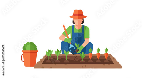 Dedicated farmer planting seedlings and tending to fresh carrots in a vibrant garden scene