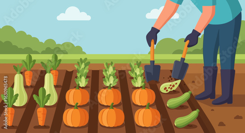 Farmer diligently tending bountiful garden with pumpkins, carrots, and squash, harvesting fresh produce.