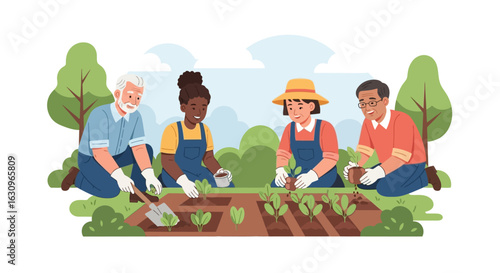 Diverse group happily planting seedlings together in a vibrant garden setting