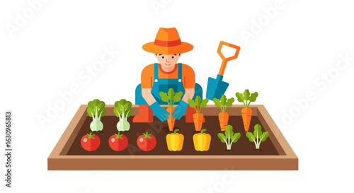 Happy farmer tending vibrant garden beds filled with fresh carrots tomatoes and lettuce