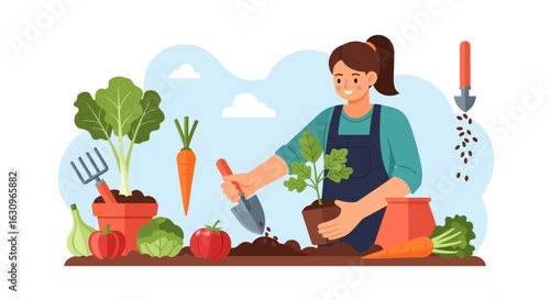 Joyful gardener planting seedling in rich soil surrounded by fresh vegetables and garden tools