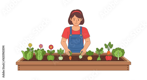 Young woman happily gardening fresh vegetables and flowers in a raised bed planting seasonal produce.