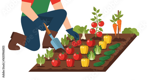 Gardener harvesting fresh vegetables in a vibrant organic garden, celebrating healthy living