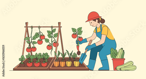 Joyful gardener harvests ripe vegetables from thriving raised beds, celebrating healthy organic bounty.