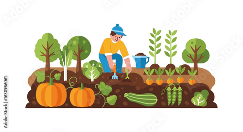 Joyful gardener tending bountiful vegetable patch with pumpkins, carrots, peas, and lettuce
