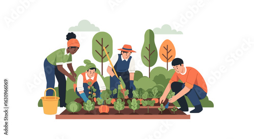 Diverse team happily gardening together cultivating fresh organic produce for healthy living and community spirit